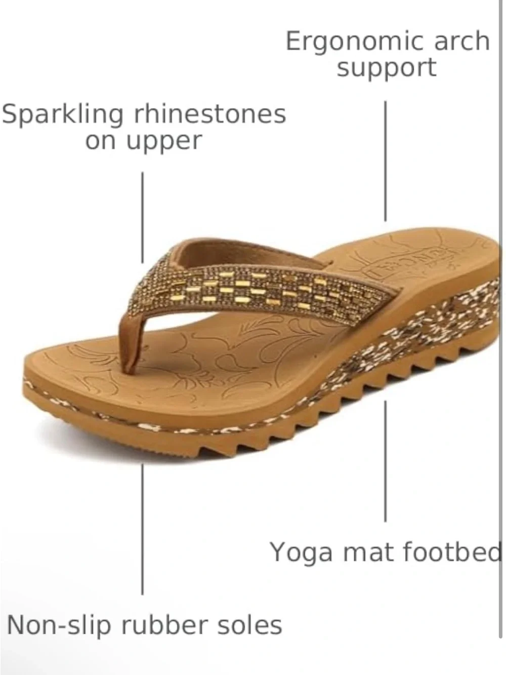 Oncai Wedge Flip-Flop Sandal in Brown with Gold Accents